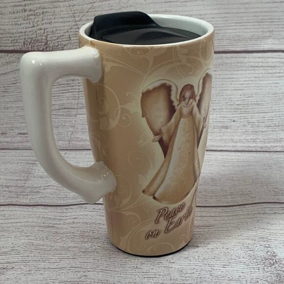 Mug with Cream and Beige Angel PEACE ON EARTH Saying and Lid for Travel - Picture 7 of 11